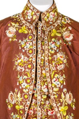 Lot 30 - A gentleman's embroidered brown silk suit,...