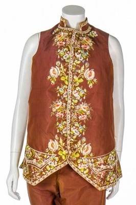Lot 30 - A gentleman's embroidered brown silk suit,...