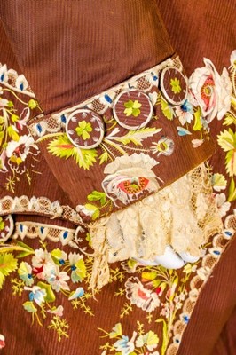 Lot 30 - A gentleman's embroidered brown silk suit,...