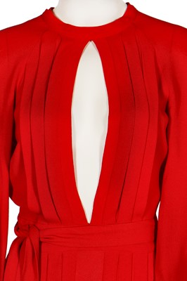Lot 164 - An Ossie Clark red moss crêpe 'Cuddly' wrap-over dress, mid 1970s