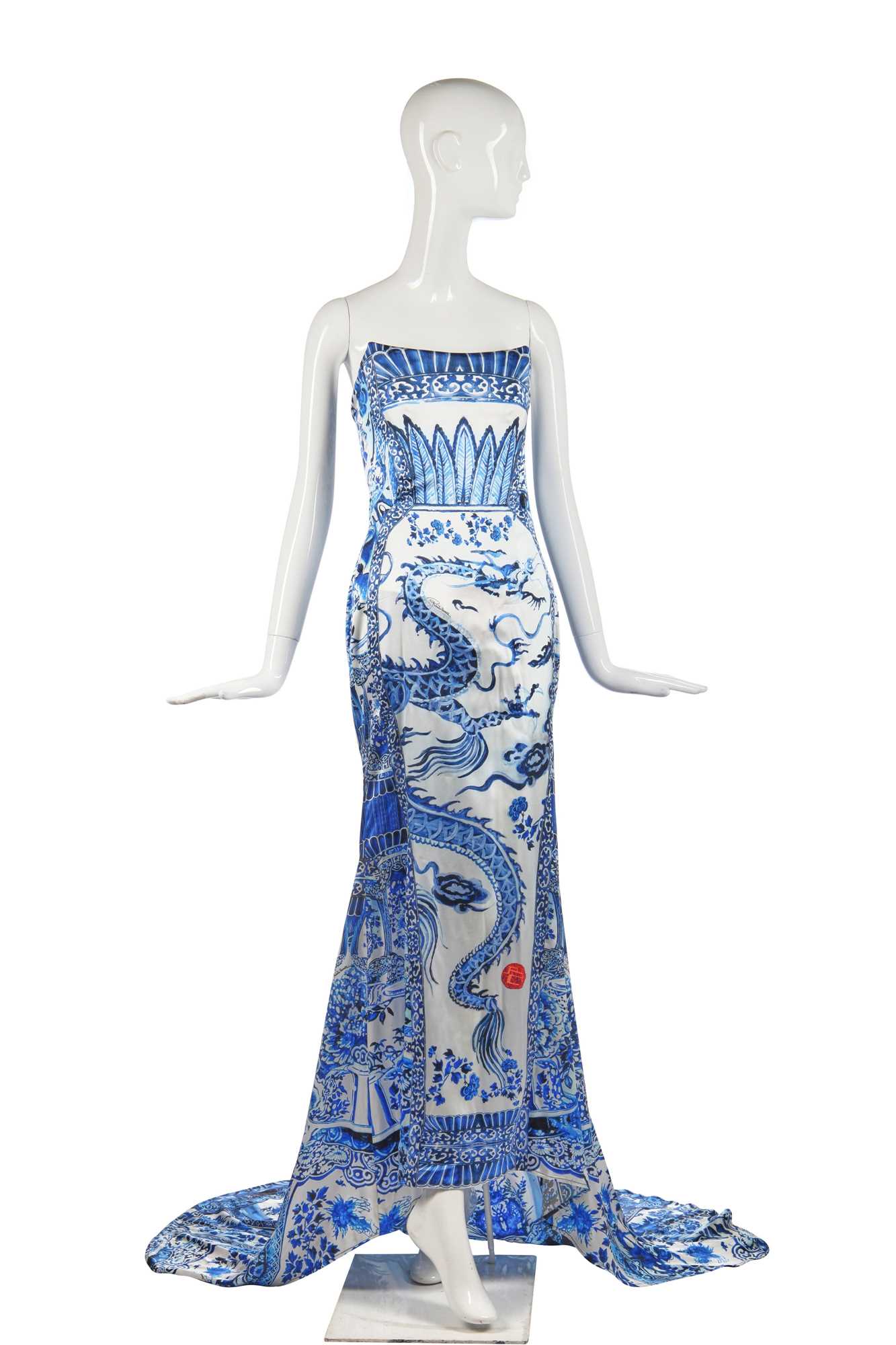 Lot 437 - A Roberto Cavalli 'Chinese' blue and white satin sheath, Autumn-Winter 2005-06