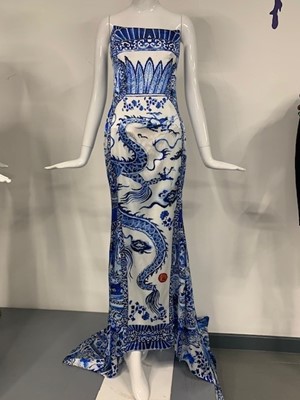 Lot 437 - A Roberto Cavalli 'Chinese' blue and white satin sheath, Autumn-Winter 2005-06
