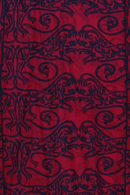 Lot 135 - A Thea Porter chiffon abaya printed with calligraphic beasts, 1970s