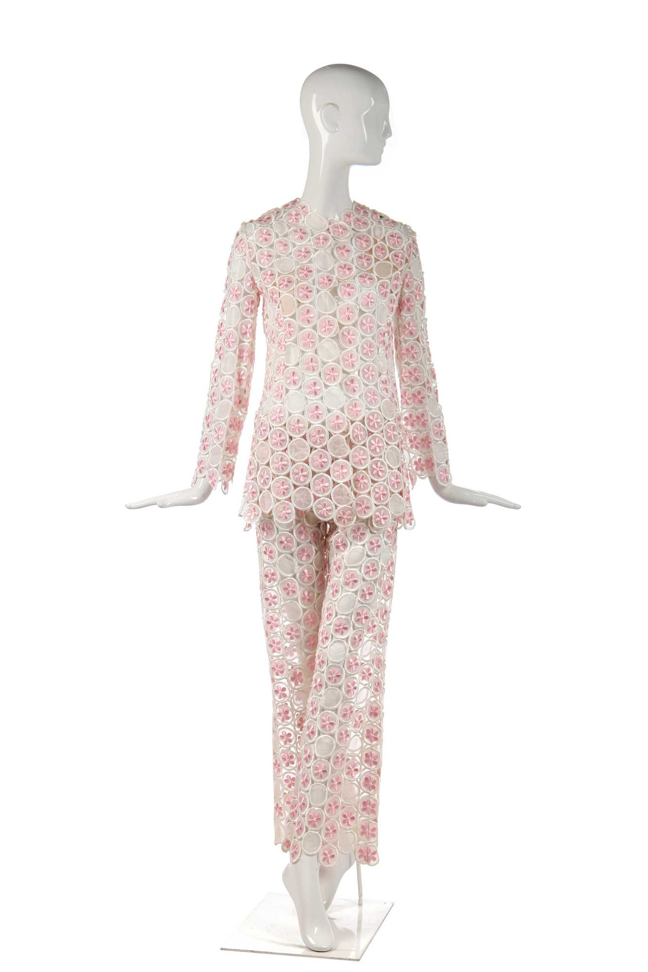 Lot 296 - An Ungaro two-piece ensemble formed from lattice of embroidered organza circles, 1968