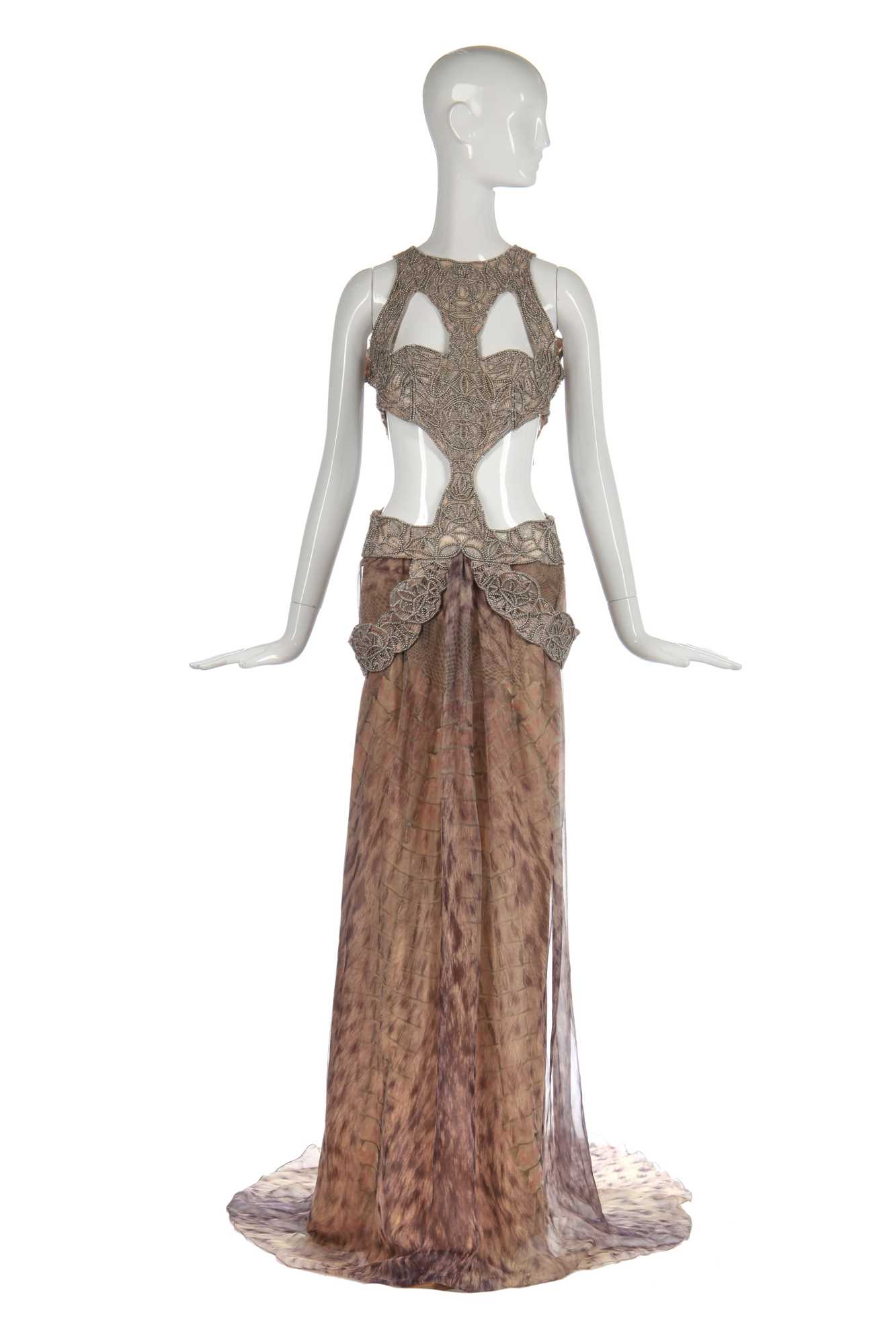 Lot 420 - An Alexander McQueen metallic beaded and chiffon evening gown, 'Pantheum as Lecum' collection, Autumn-Winter 2004-05