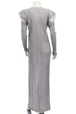 Lot 183 - An Issey Miyake pleated silver polyester full-length coat, probably 1990s