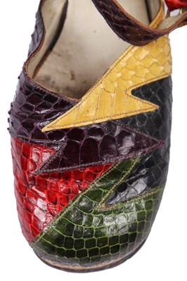 Lot 300 - A pair of Terry de Havilland snakeskin patchwork platform shoes, 1970s