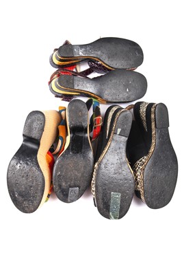 Lot 300 - A pair of Terry de Havilland snakeskin patchwork platform shoes, 1970s