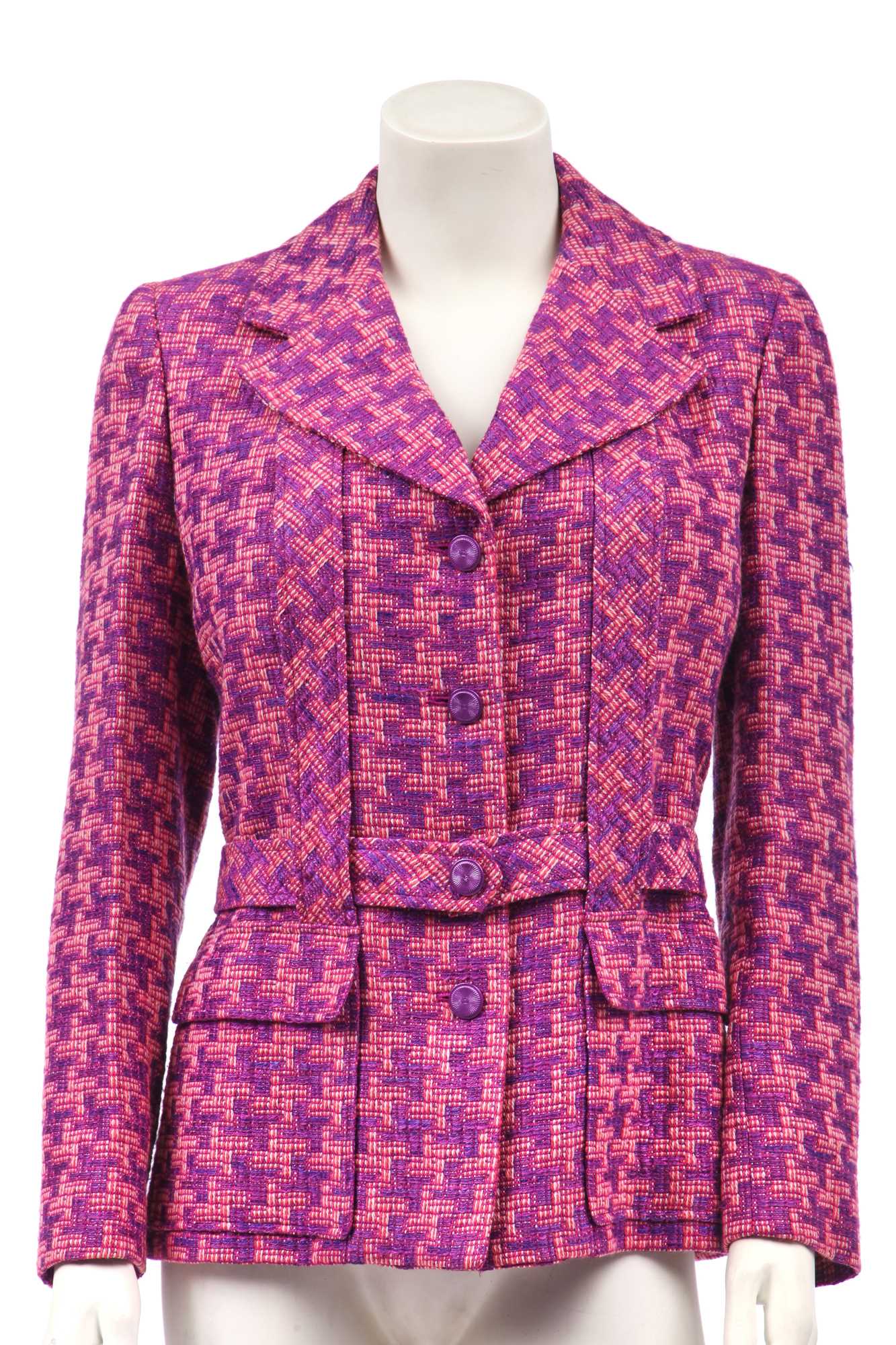 Lot 22 - A Chanel pink and purple houndstooth tweed jacket, 1990s