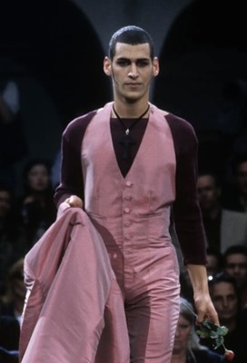 Lot 132 - A Jean Paul Gaultier man's pink Mikaido silk-blend halter neck jumpsuit, 'Tribute to Frida Kahlo/Flamenco' collection, Spring-Summer 1998