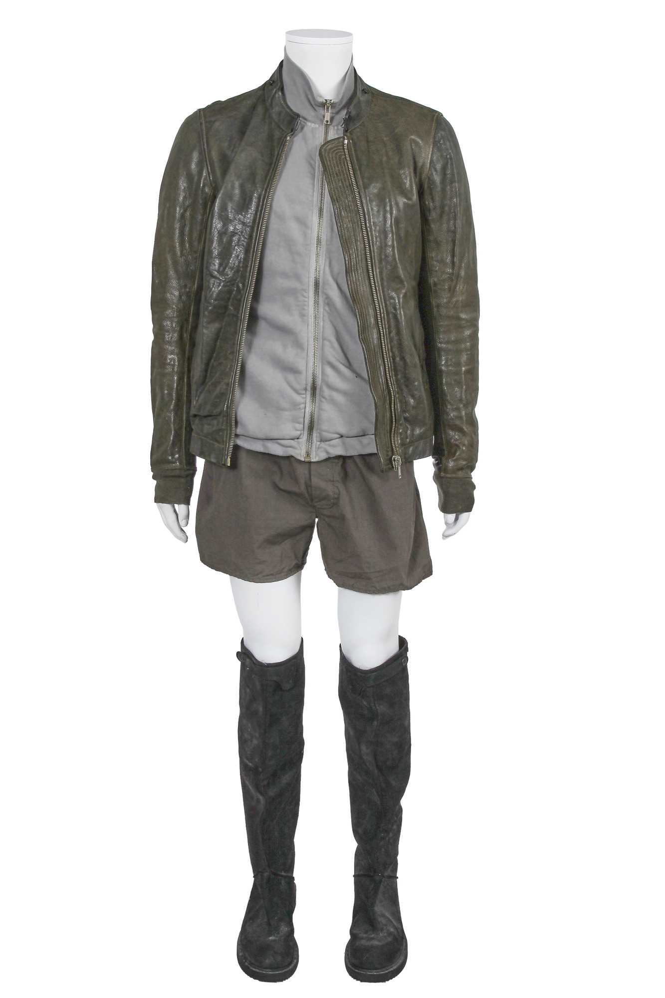 Lot 97 - A Rick Owens men's grey and black leather and cotton ensemble, circa 2008