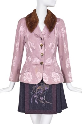 Lot 332 - A Christian Dior by John Galliano mauve damask cocktail suit, 'Dior's Little Sweetheart Pin-Ups' collection, Autumn-Winter 1997-98