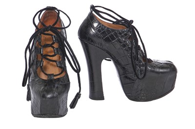 Lot 343 - A pair of Vivienne Westwood black mock-croc leather elevated ghillie heels, 2000s