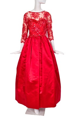 Lot 413 - A Jan Vanvelden red lace and satin gown, identical to one worn by Diana, Princess of Wales, circa 1983