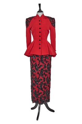 Lot 388 - A Balmain red faille and black lace evening ensemble, late 80s or early 90s