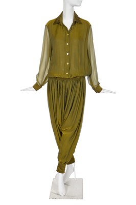 Lot 223 - A Christian Dior by John Galliano olive green silk chiffon jumpsuit, 'Street Chic' collection, Spring-Summer 2002
