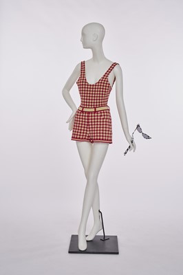 Lot 24 - An Azzedine Alaïa red and beige checked stretch cotton ensemble, 'Tati' collection, Spring-Summer 1991