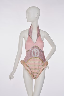Lot 95 - A rare Kaisik Wong pink jersey and lurex 'Peace' thong, 1970s