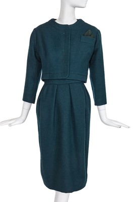 Lot 453 - A Christian Dior haute couture by Yves Saint Laurent green tweed suit, '1960' line, Autumn-Winter 1959-60