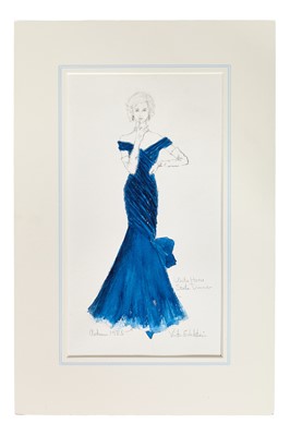Lot 412 - A Victor Edelstein fashion illustration of Princess Diana's 1985 blue velvet (Travolta) evening gown