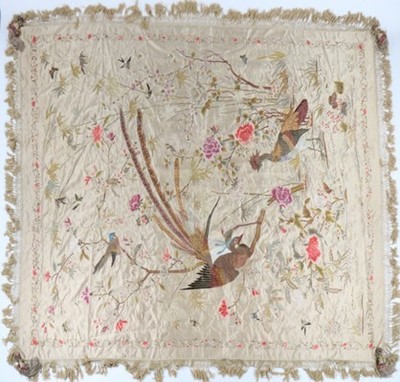 Lot 495 - A fine embroidered satin coverlet or wall...