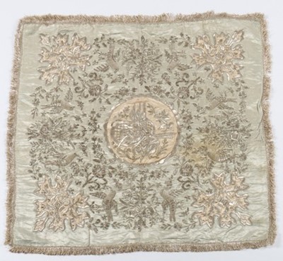 Lot 442 - An embroidered pale blue and ivory satin panel,...