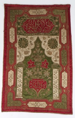 Lot 443 - A good embroidered satin prayer arch, Ottoman,...